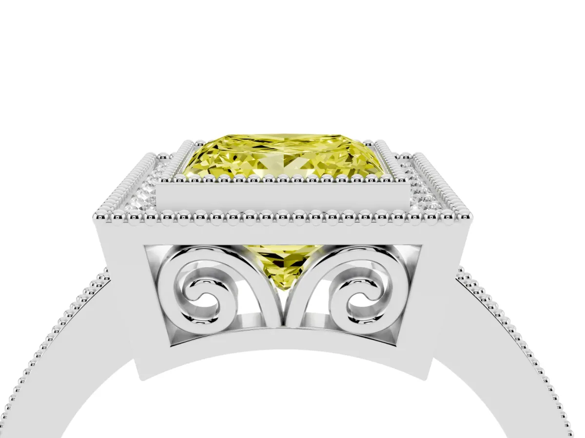 Fancy Yellow Princess Cut Cut Halo Diamond Ring with Pavé Band and Milgrain Prong Setting White gold