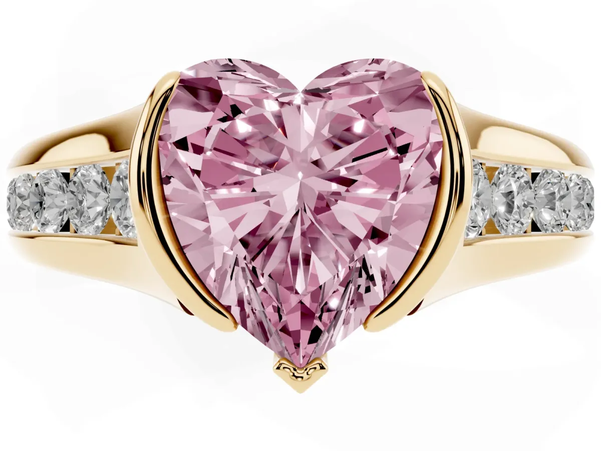 Fancy Pink Heart Cut Solitaire Bezel-Set Diamond Ring with Channel-Set Band Yellow gold