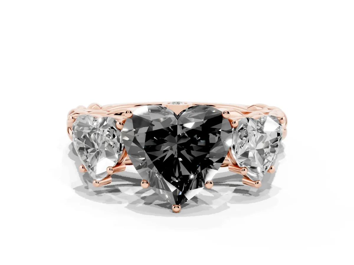 Fancy Black Three-Stone Heart Cut Diamond Braided Band Ring with Four-Prong Setting Rose gold