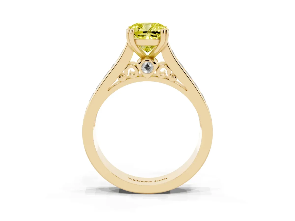 Fancy Yellow Cushion Cut Cut Channel Set Solitaire Engagement Ring with Prong Setting Yellow gold
