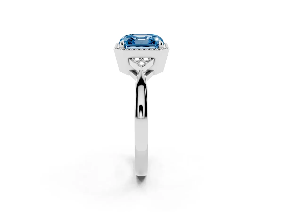 Fancy Blue Asscher Cut Diamond Halo Ring with Tapered Band and Four-Prong Setting White gold