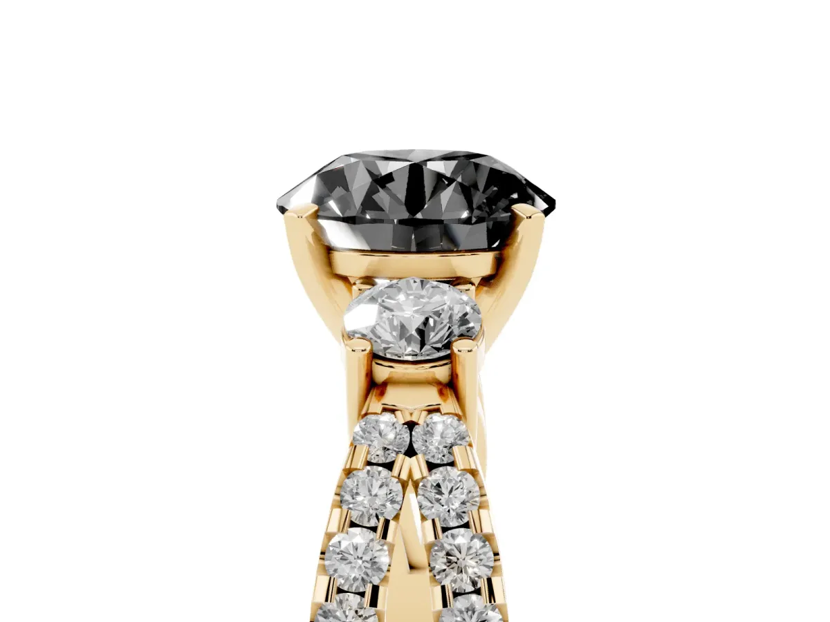 Fancy Black Round Cut Diamond Three-Stone Ring with Pavé Split Shank and Four-Prong Setting Yellow gold