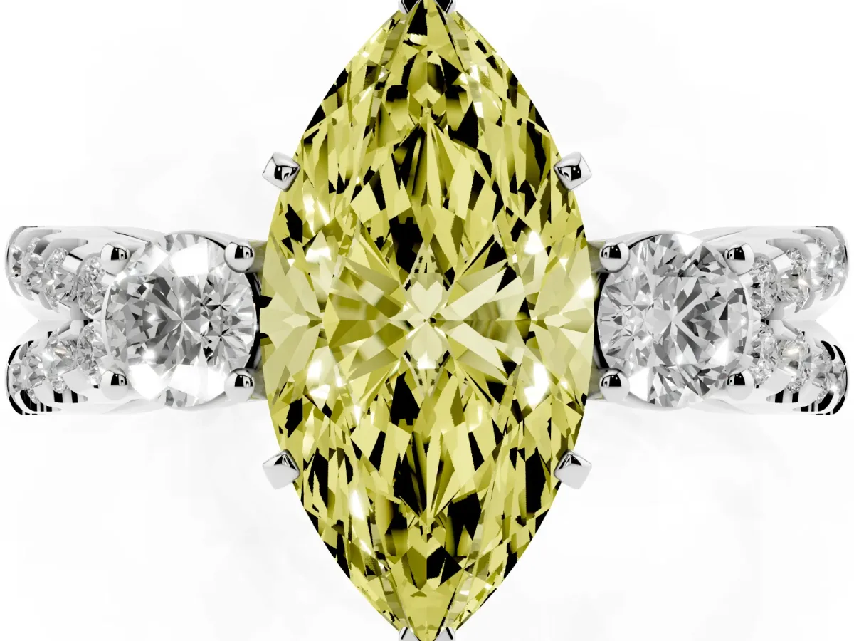 Fancy Yellow Marquise Cut Diamond Three-Stone Ring with Pavé Split Shank and Four-Prong Setting Platinum