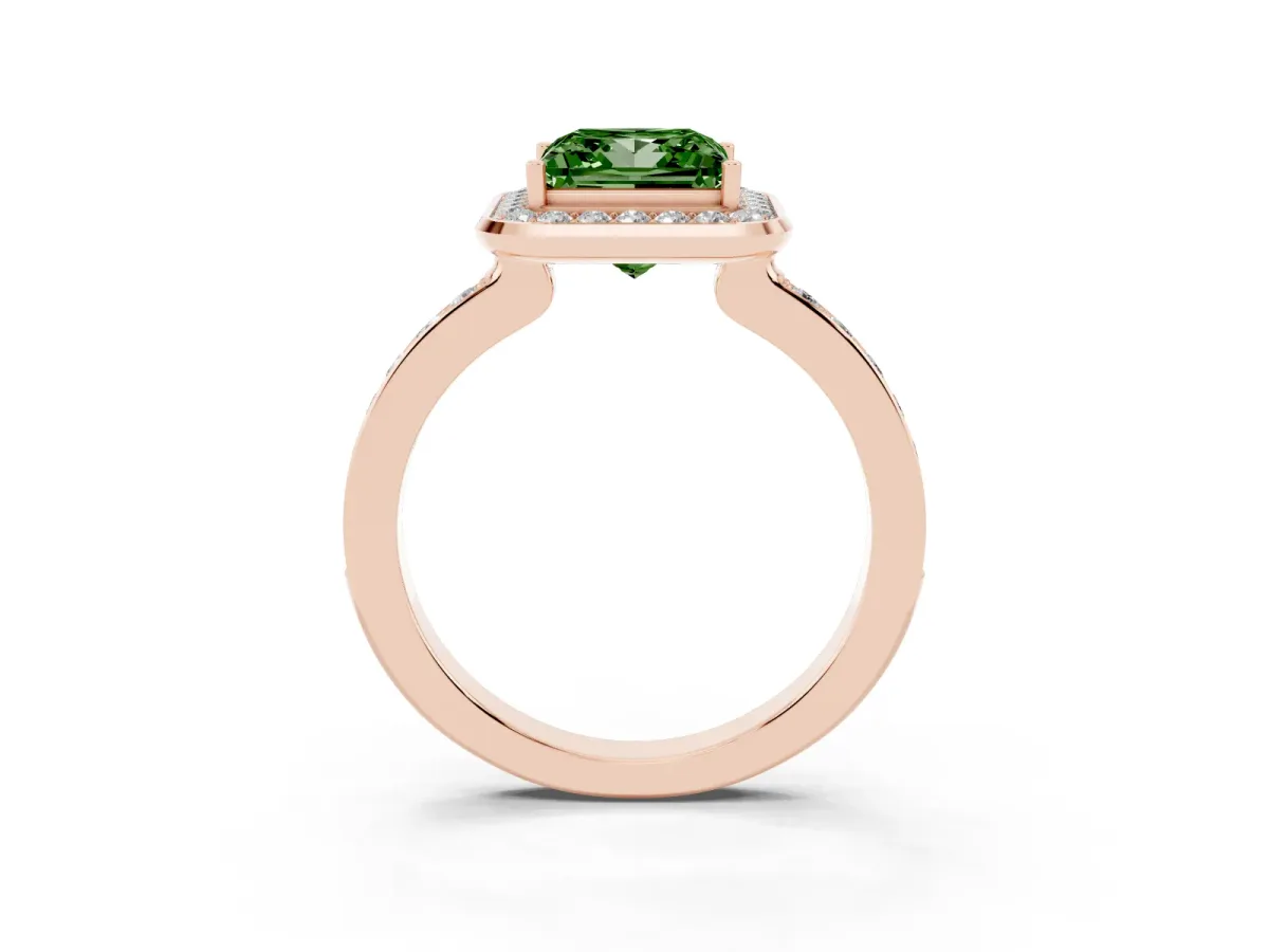 Fancy Green Princess Cut Diamond Halo Ring with Bezel Frame and Pavé Band Rose gold