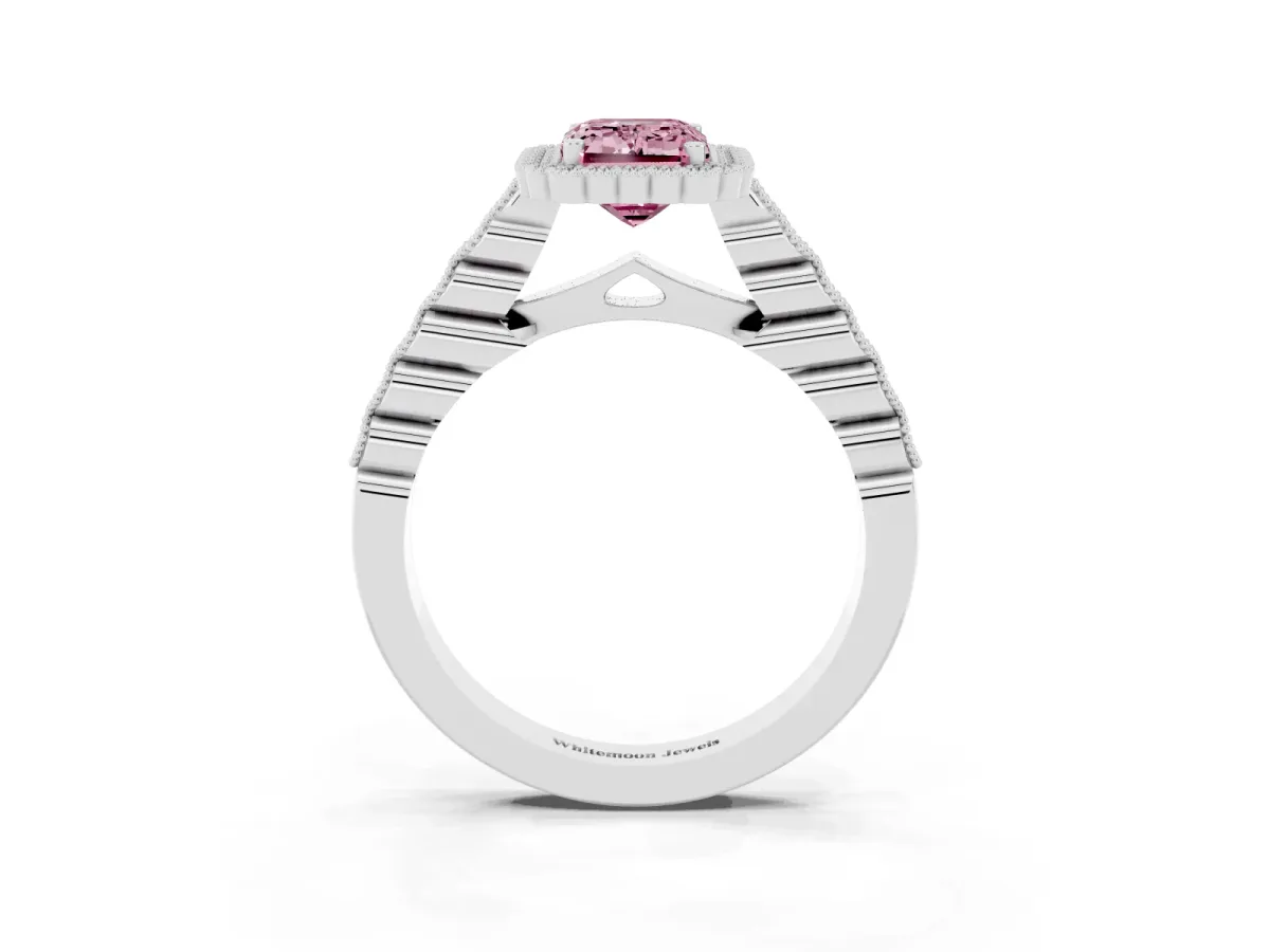 Fancy Pink Emerald Cut Cut Halo Pavé Solitaire Ring with Milgrain Band Silver