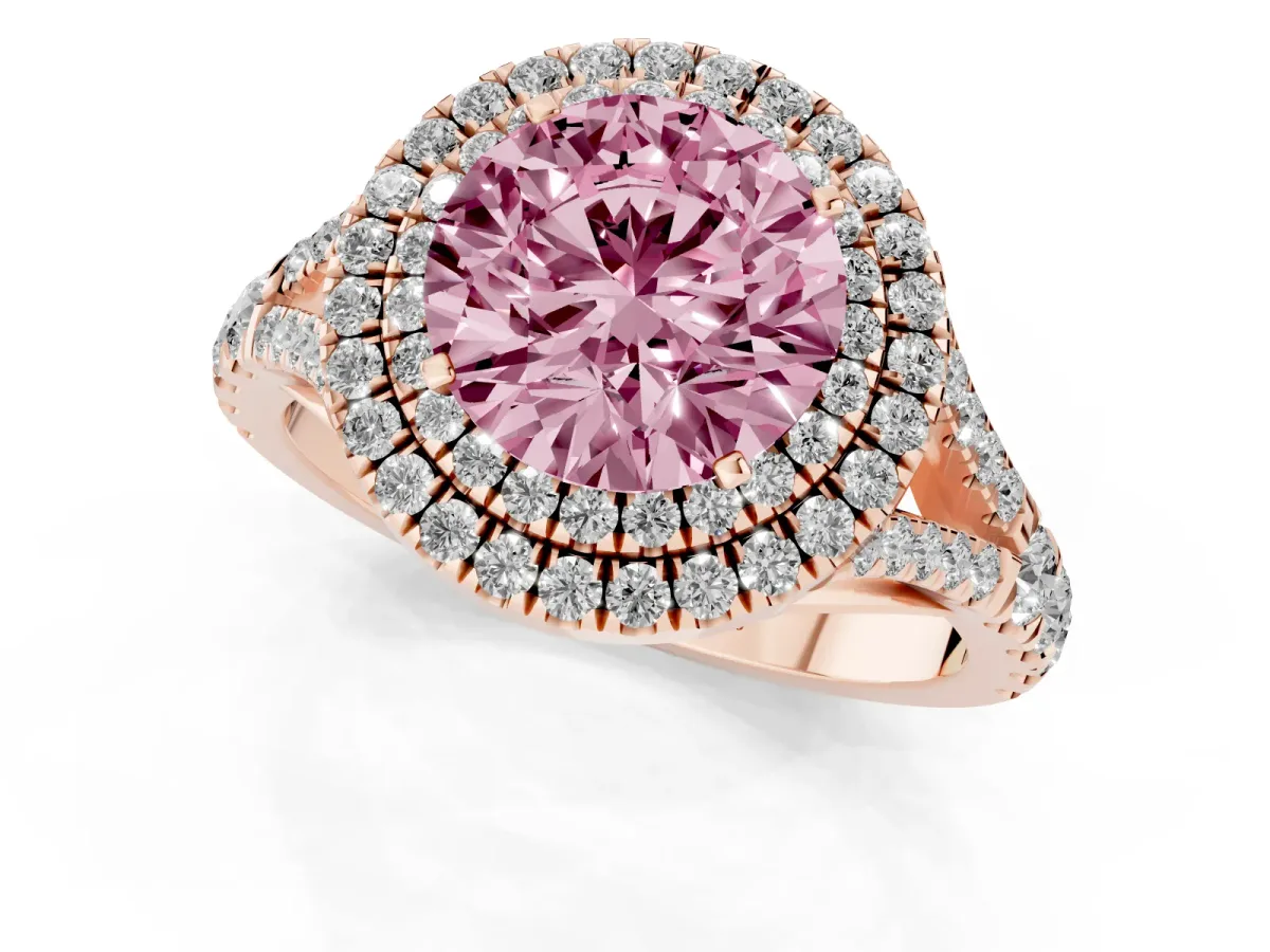Fancy Pink Round Cut Cut Double Halo Split Shank Diamond Ring with Prong Setting Rose gold