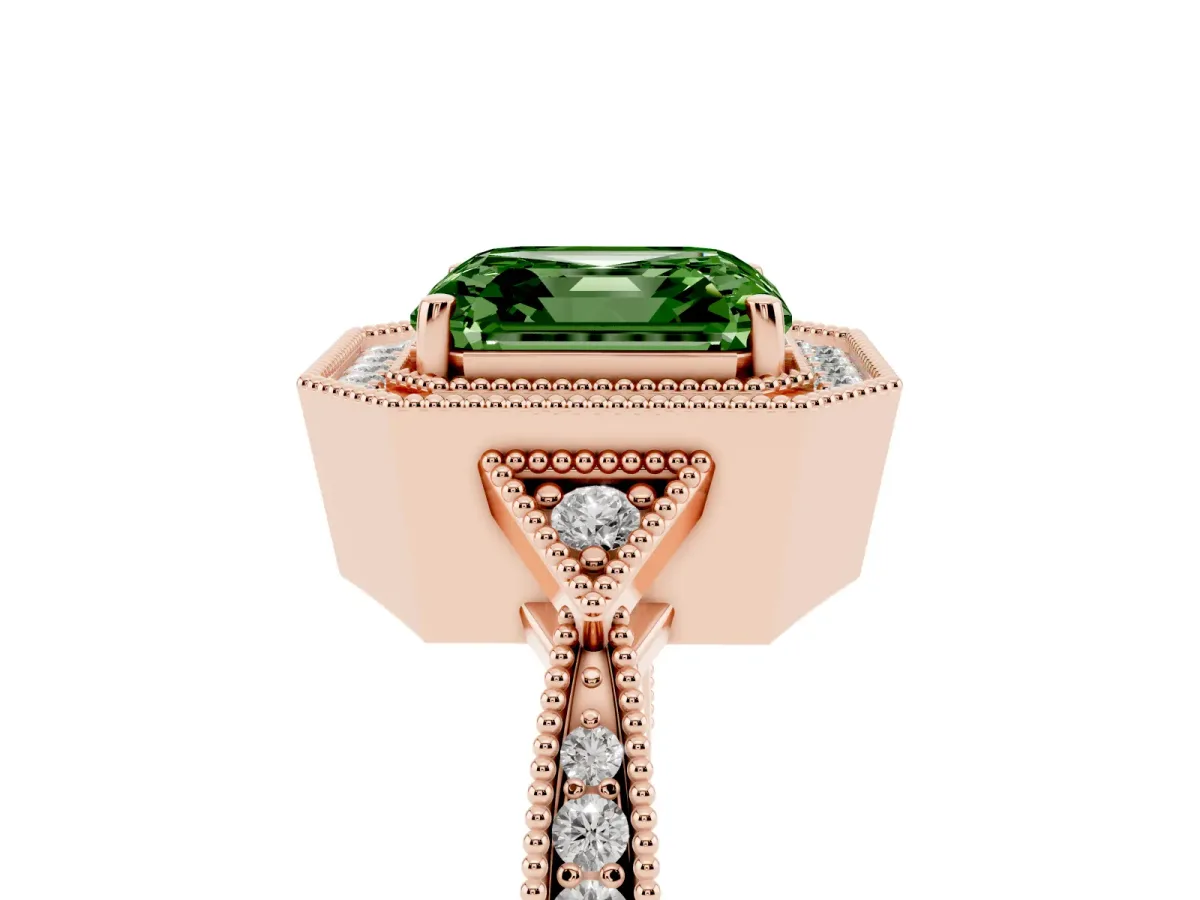 Fancy Green Asscher Cut Halo Round Diamond Milgrain Pave Engagement Ring Rose gold