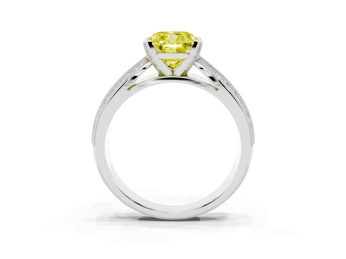 Fancy Yellow Cushion Cut Diamond Solitaire Ring with Milgrain Round Pavé Band and Prong Setting Silver