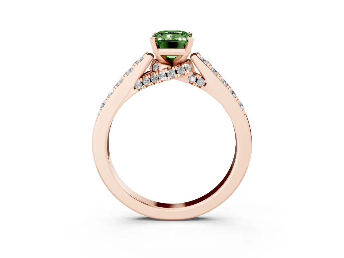 Fancy Green Emerald Cut Diamond Solitaire Ring with Crossover Gallery and Round Pavé Band Rose gold