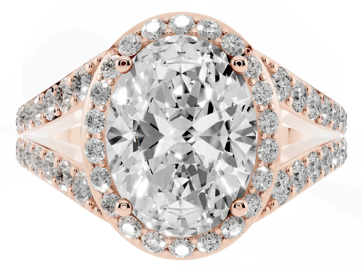 Oval Cut Diamond Split Shank Halo Ring with Four-Prong Setting Rose gold
