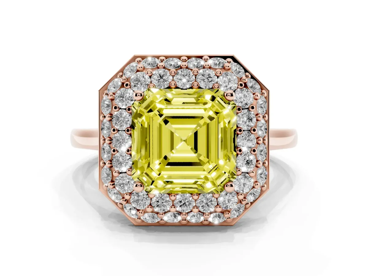 Fancy Yellow Asscher Cut Halo Diamond Engagement Ring with Solitaire Band and Four-Prong Setting Rose gold