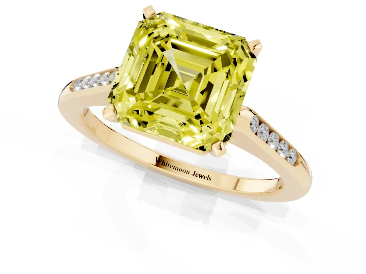 Fancy Yellow Asscher Cut Diamond Solitaire Ring with Channel Set Round Band and Prong Setting Yellow gold