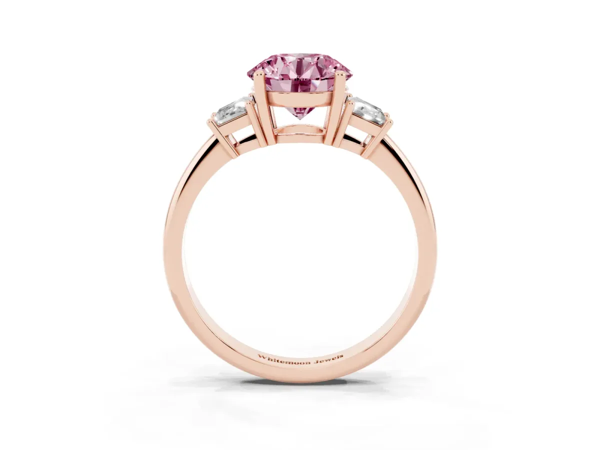 Fancy Pink Round Cut Diamond Three-Stone Ring with Trapezoid Side Stones and Prong Setting Rose gold