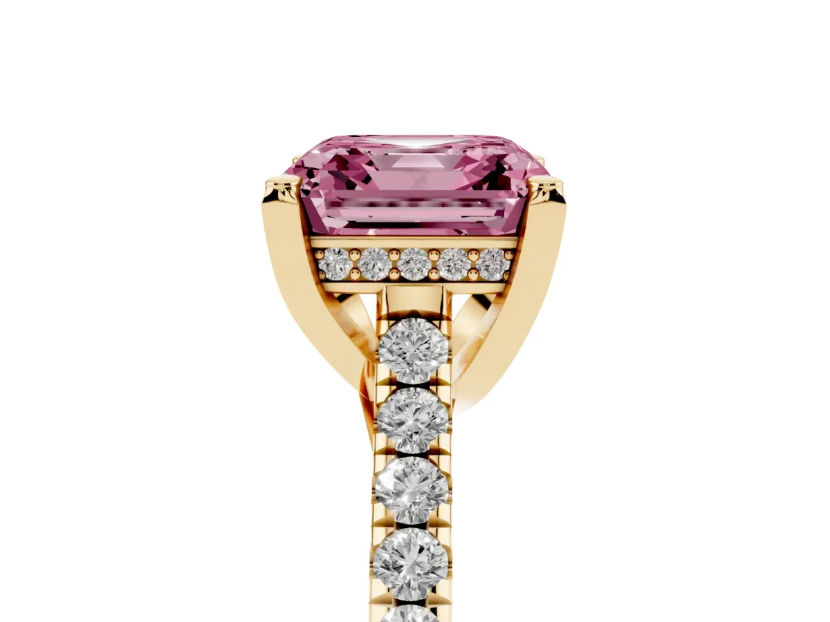 Fancy Pink Asscher Cut Brilliant Diamond Solitaire with Pavé Band and Four-Prong Setting Yellow gold