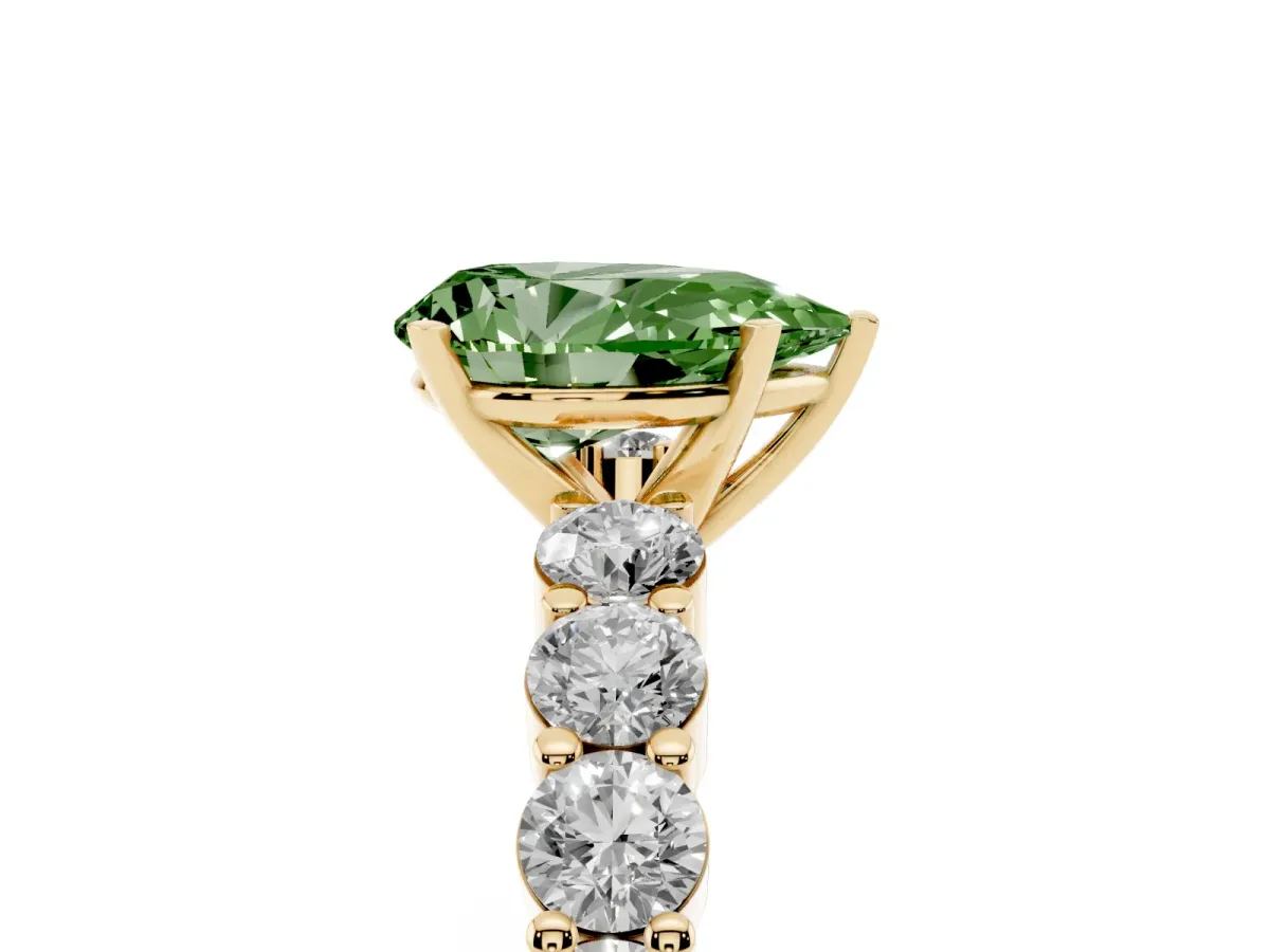 Fancy Green Pear Cut Diamond Solitaire Ring with Shared Prong Round Side Stones Yellow gold