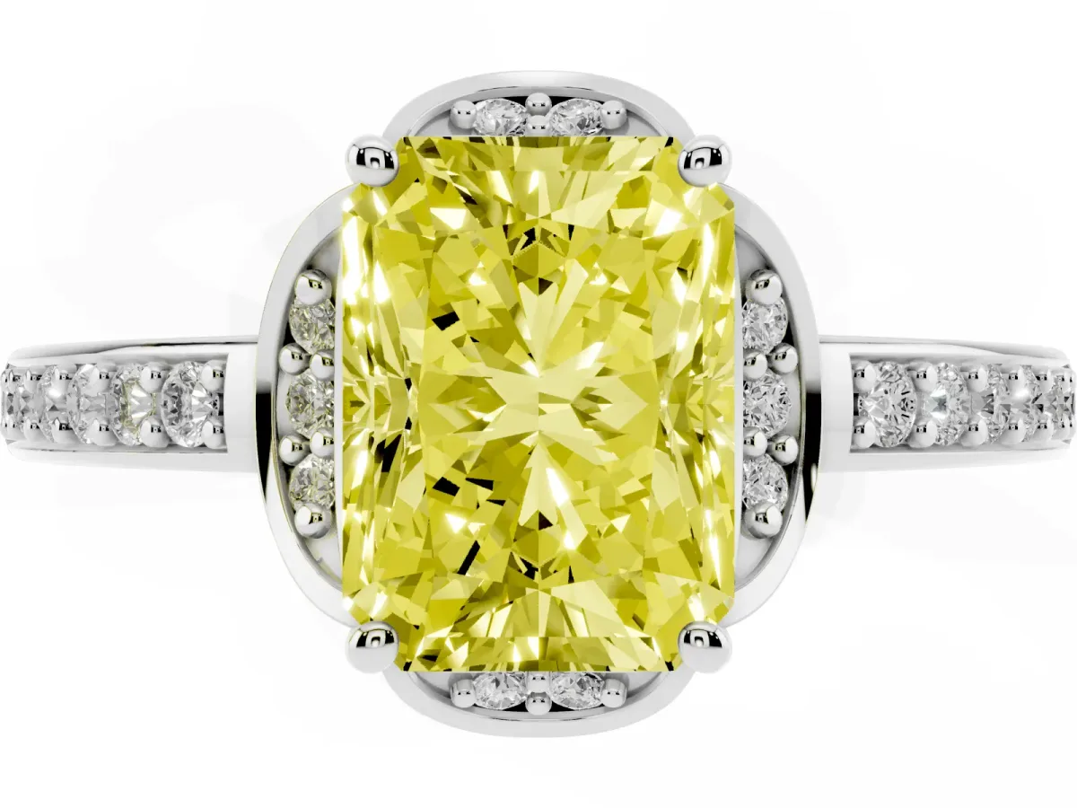 Fancy Yellow Radiant Cut Cut Halo Diamond Ring with Channel Set Band and Four-Prong Setting Silver