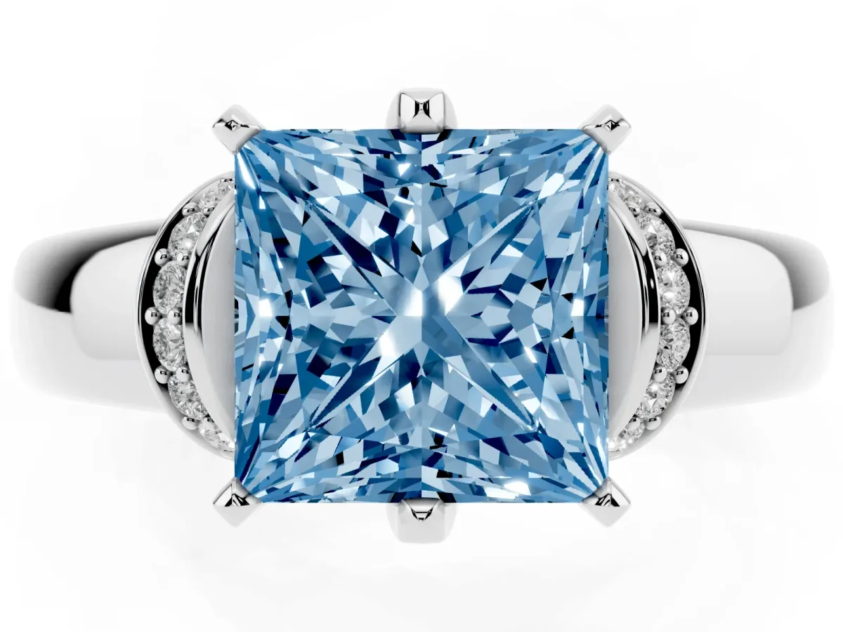 Fancy Blue Princess Cut Solitaire Diamond Ring with Pave Band and Six-Prong Setting Silver
