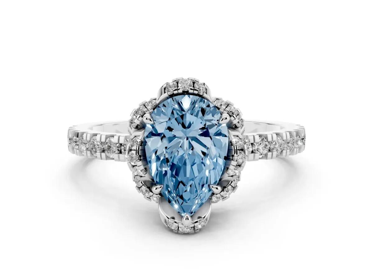 Fancy Blue Pear Cut Diamond Halo Pave Band with Four-Prong Setting Platinum