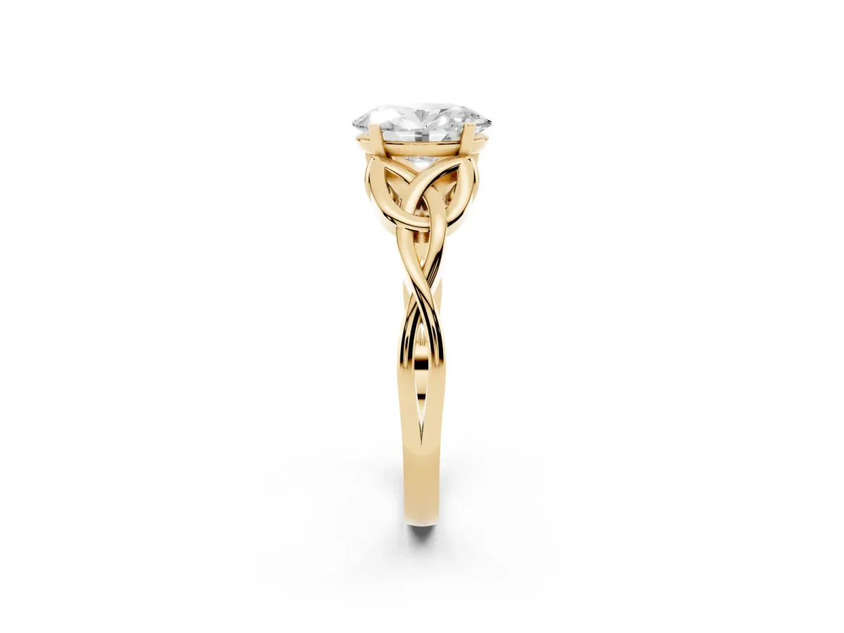 Oval Cut Diamond Solitaire Engagement Ring with Celtic Knot Band and Four-Prong Setting Yellow gold