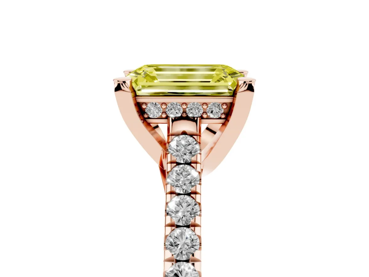 Fancy Yellow Emerald Cut Brilliant Diamond Solitaire with Pavé Band and Four-Prong Setting Rose gold