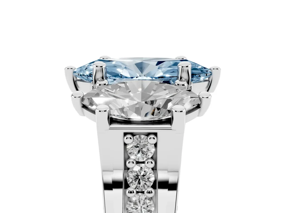 Fancy Blue Marquise Cut Diamond Three-Stone Ring with Channel Set Band and Four-Prong Setting Silver