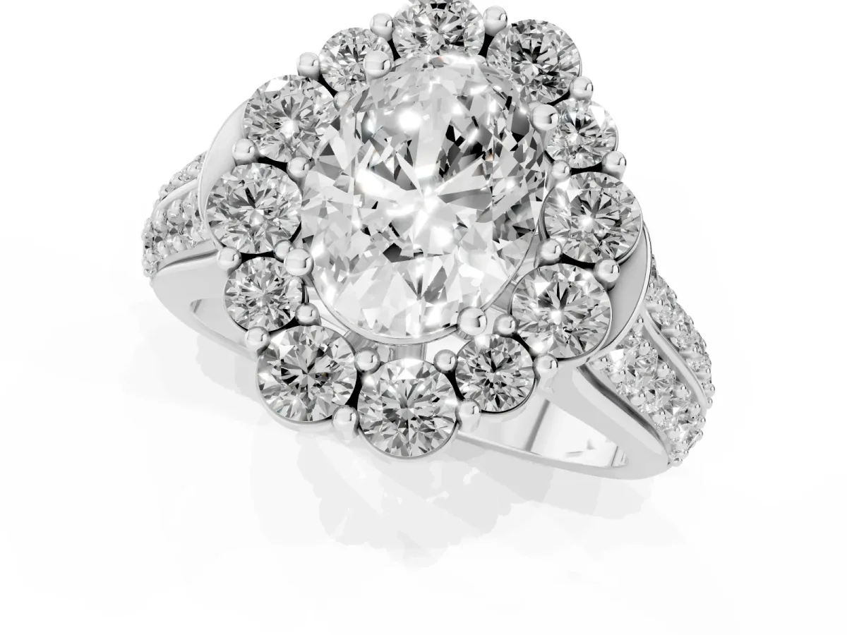 Oval Cut Halo Diamond Engagement Ring with Split Shank and Prong Setting Silver