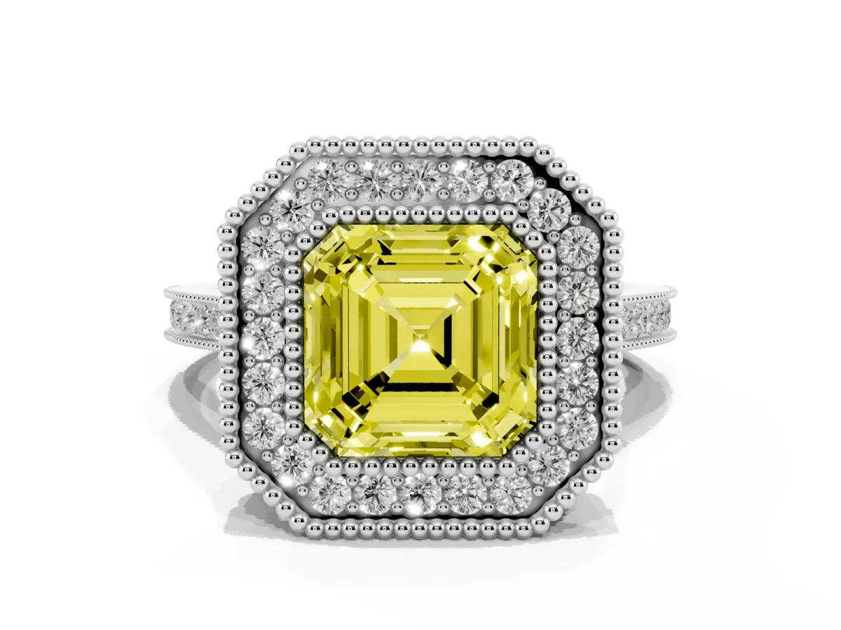 Fancy Yellow Asscher Cut Diamond Halo Ring with Milgrain Frame and Pavé Band White gold