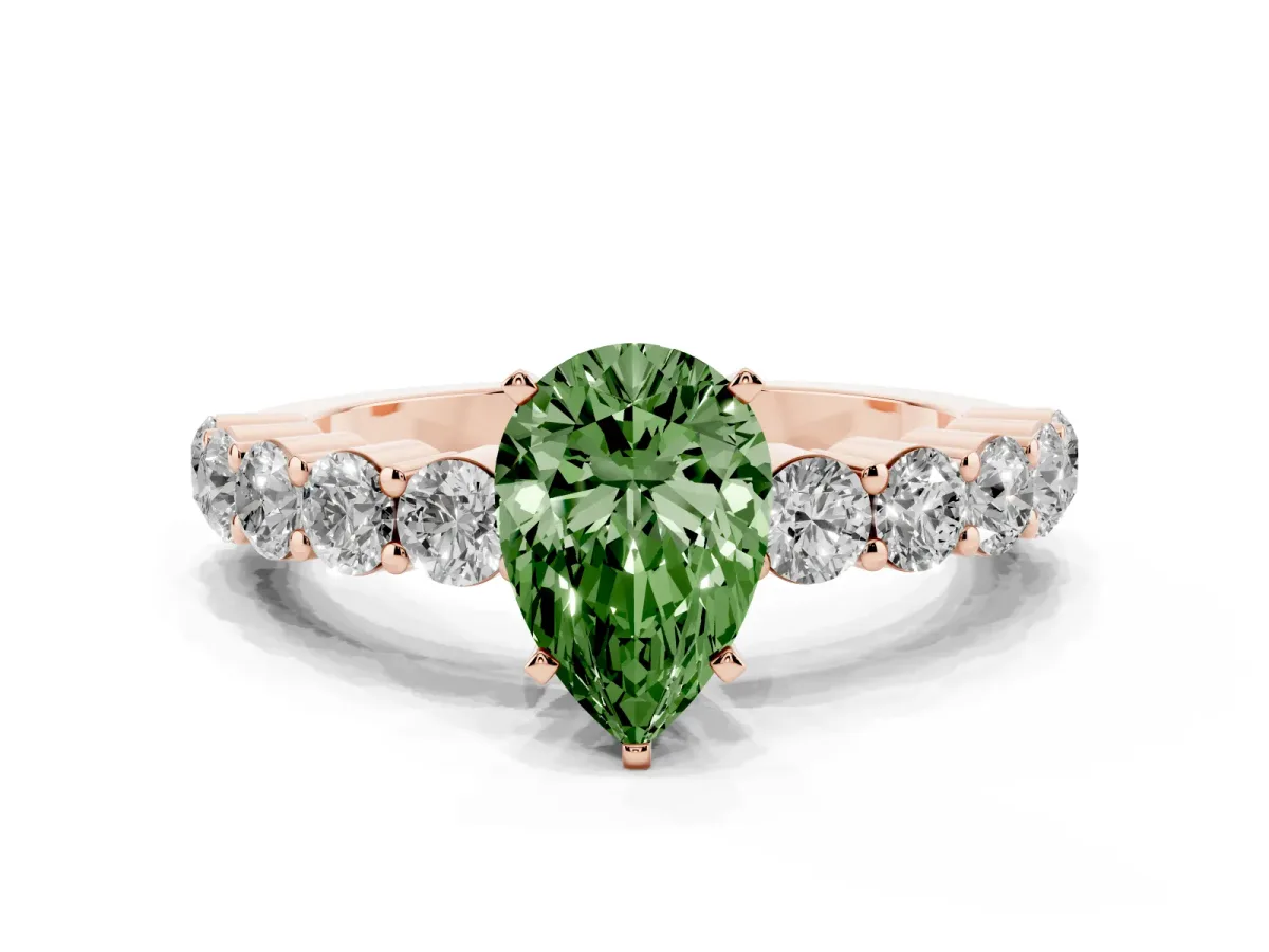 Fancy Green Pear Cut Diamond Solitaire Ring with Shared Prong Round Side Stones Rose gold