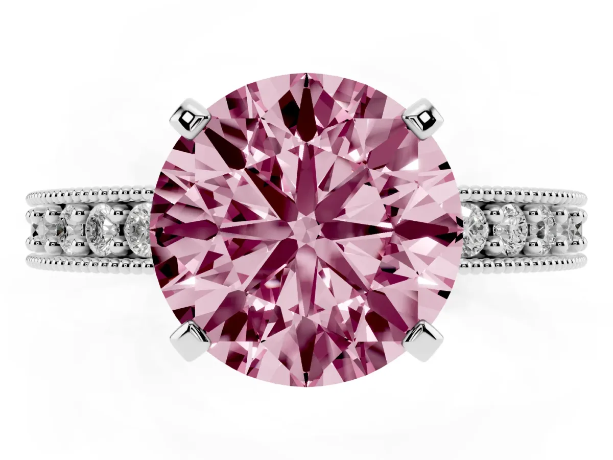 Fancy Pink Round Cut Diamond Milgrain Pavé Engagement Ring with Four-Prong Setting Silver