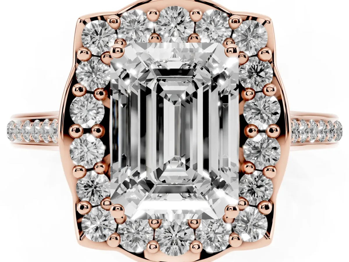 Emerald Cut Halo Round Diamond Pave Band with Four-Prong Setting Rose gold