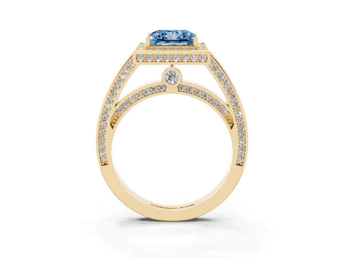 Fancy Blue Princess Cut Cut Halo Pave Split Shank Prong Setting Ring Yellow gold