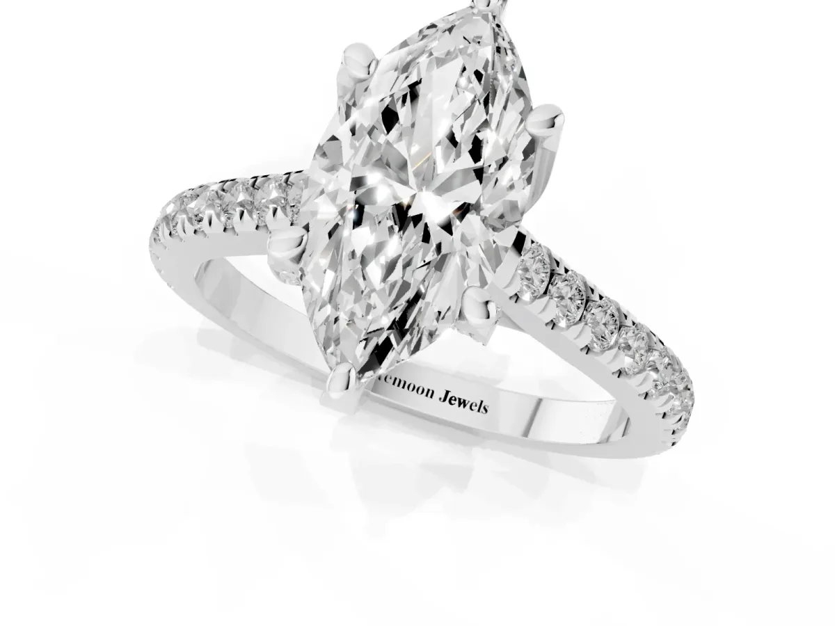 Marquise Cut Brilliant Diamond Solitaire with Pavé Band and Four-Prong Setting Silver