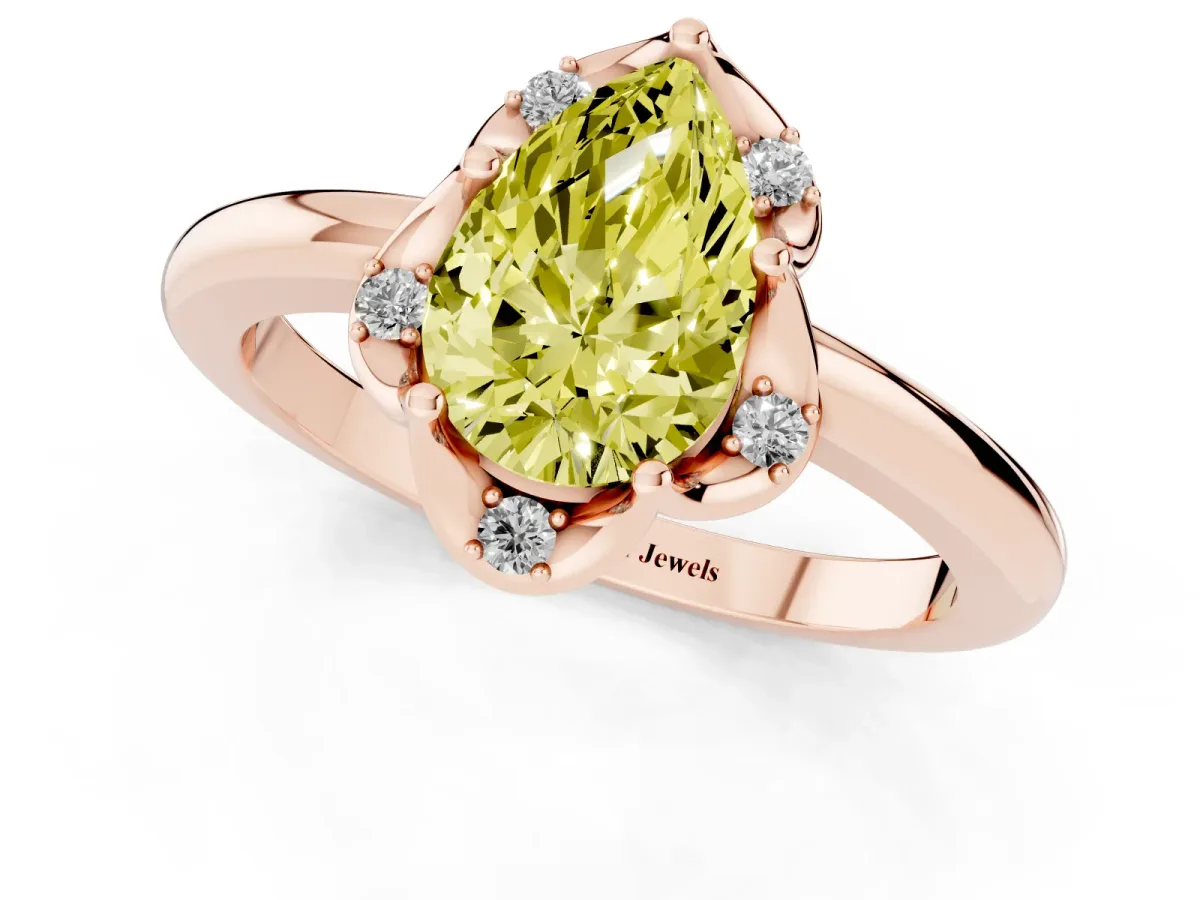 Fancy Yellow Pear Cut Halo Diamond Ring with Round Cluster Setting, Solitaire Band, and Four-Prong Setting Rose gold