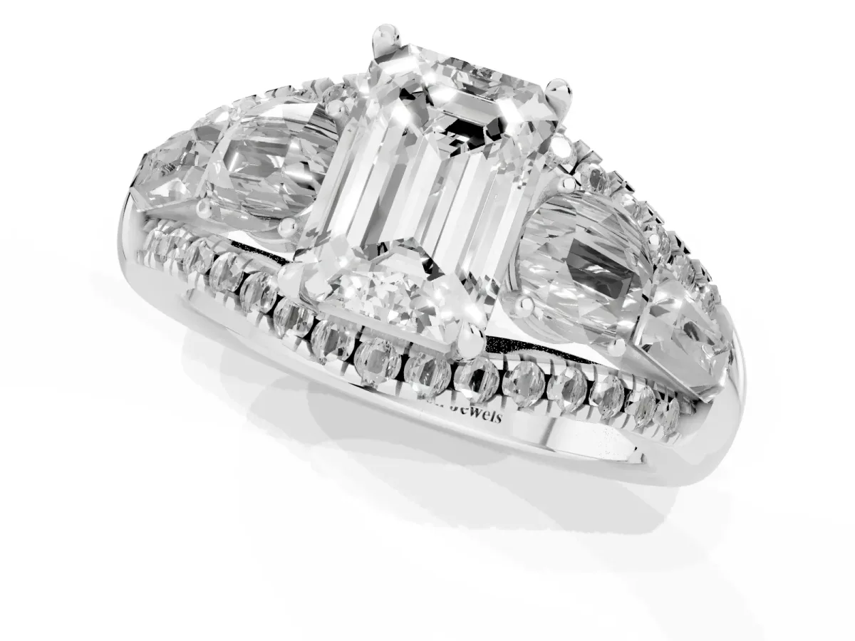 Three-Stone Emerald Cut Diamond Engagement Ring with Pave Band and Prong Setting Silver
