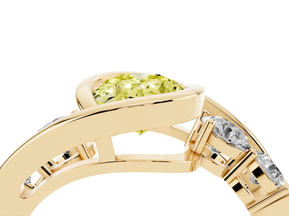 Fancy Yellow Bezel Set Oval Cut Diamond Bypass Ring with Round Accents Yellow gold