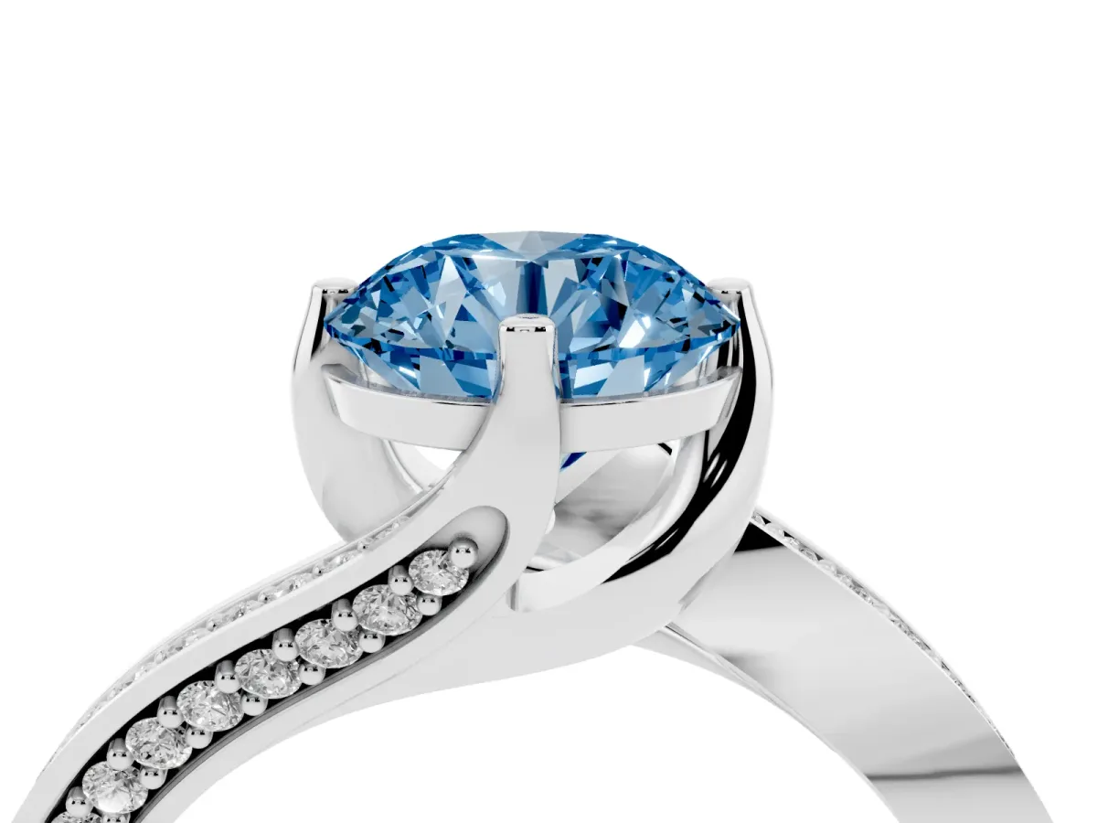 Fancy Blue Round Cut Solitaire Diamond Twist Band with Pavé Setting and Four-Prong Setting Silver
