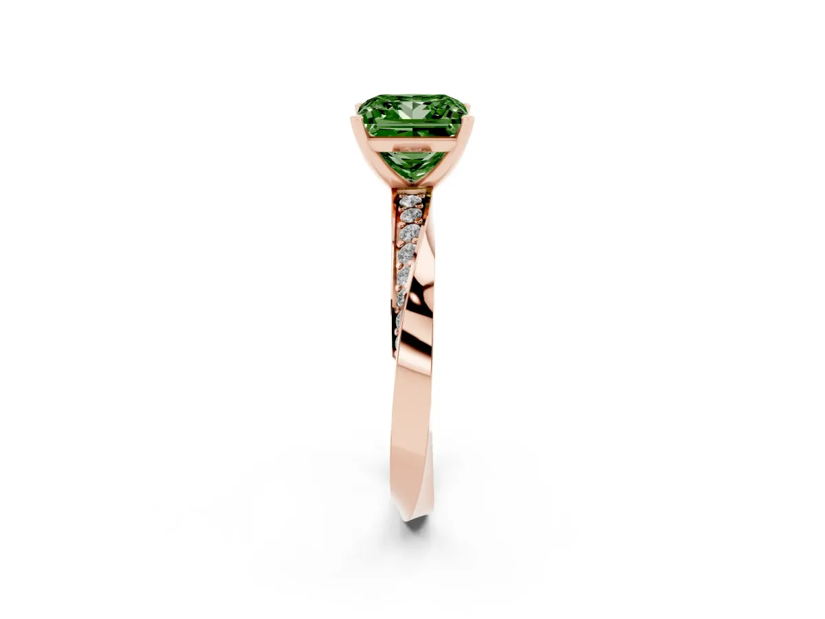 Fancy Green Princess Cut Diamond Engagement Ring with Side Stone Accents and Four-Prong Setting Rose gold