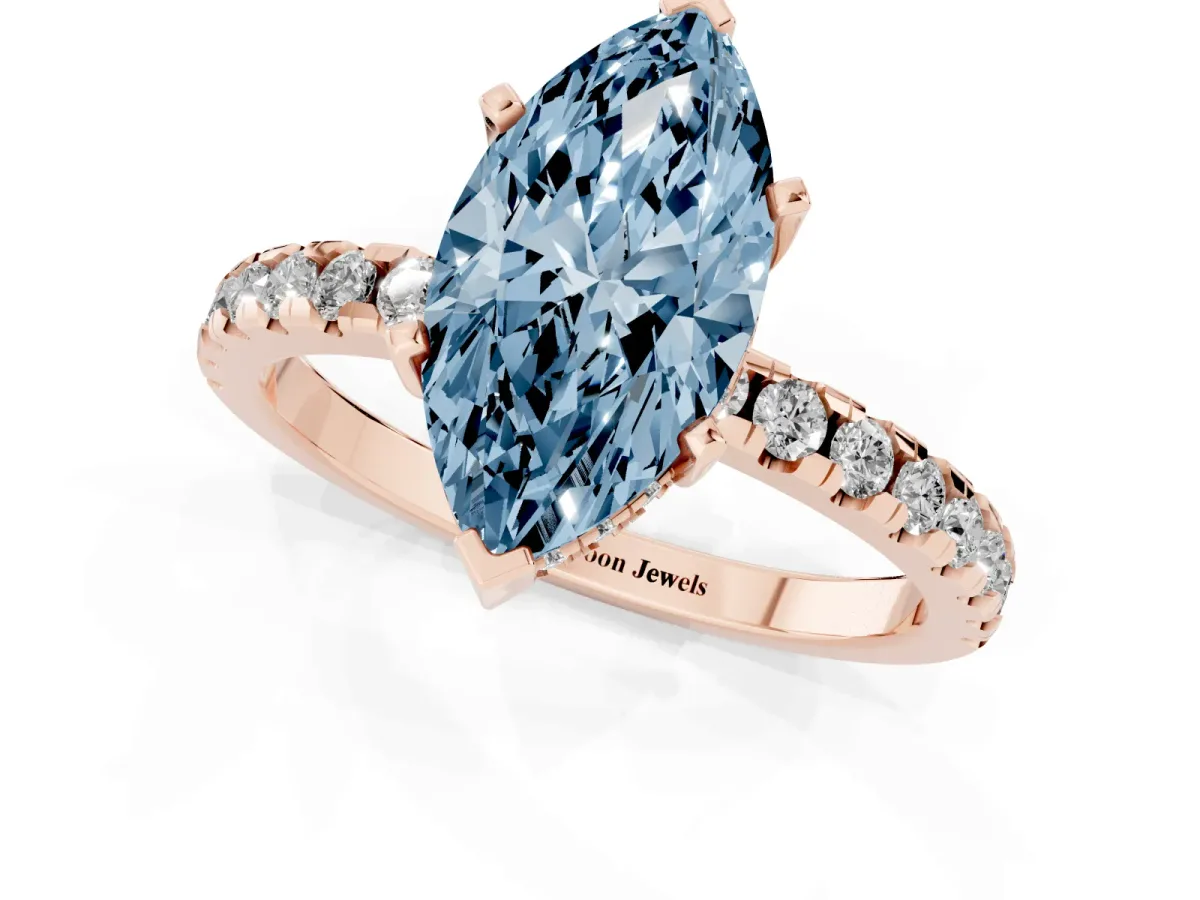 Fancy Blue Marquise Cut Diamond Solitaire Ring with Round Pavé Band and Four-Prong Setting Rose gold