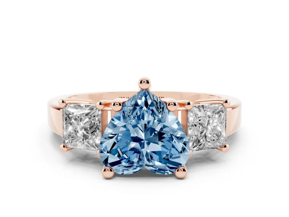 Fancy Blue Three-Stone Heart Cut Cut Solitaire Ring with Prong Setting Rose gold