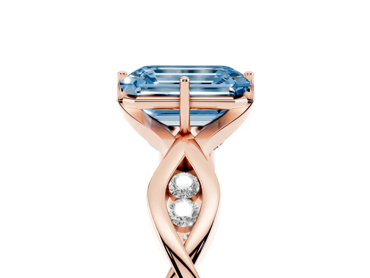 Fancy Blue Emerald Cut Solitaire Twist Band with Leaf Prong Setting Rose gold