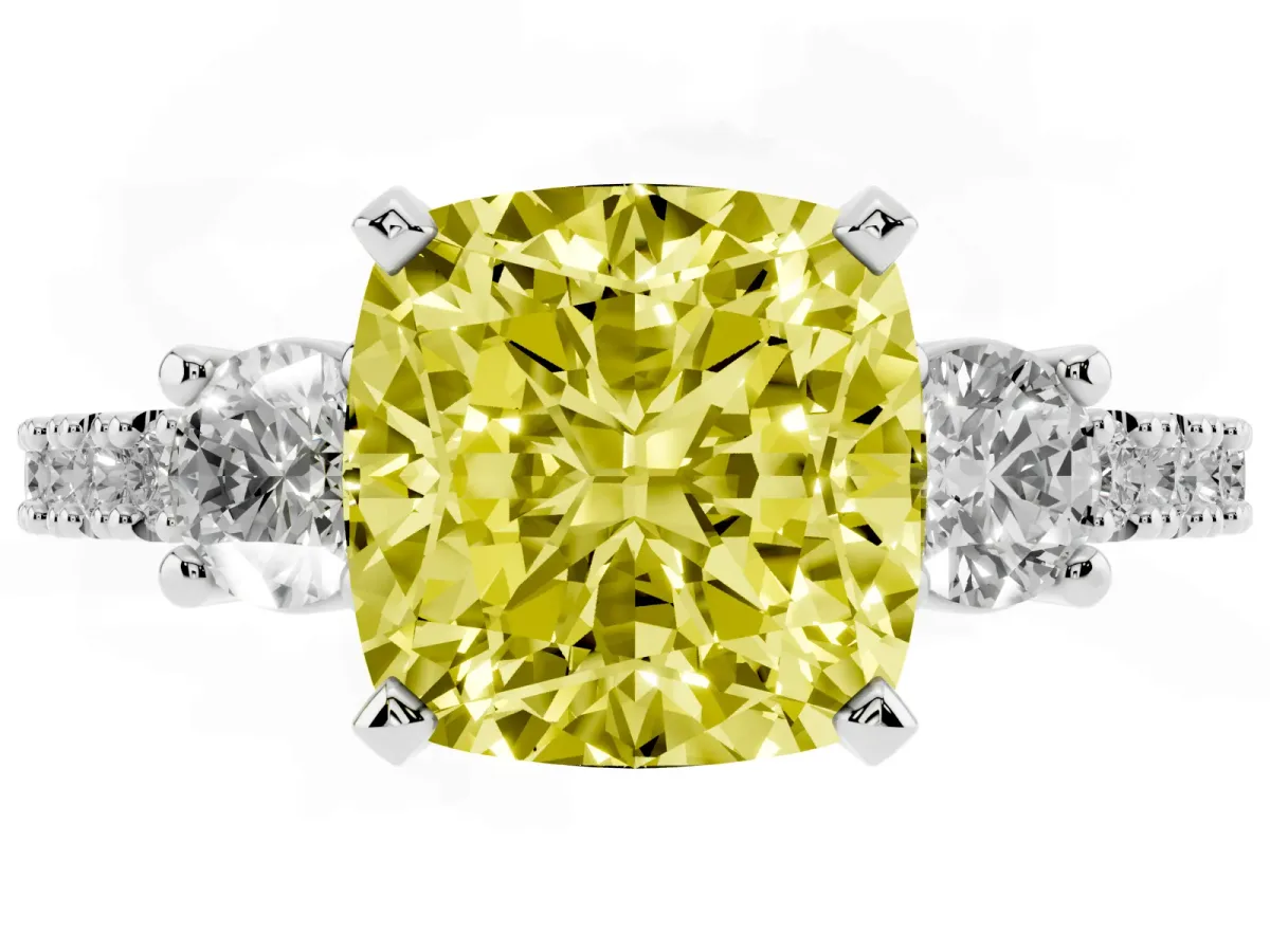 Fancy Yellow Cushion Cut Three-Stone Diamond Pavé Band with Prong Setting Platinum