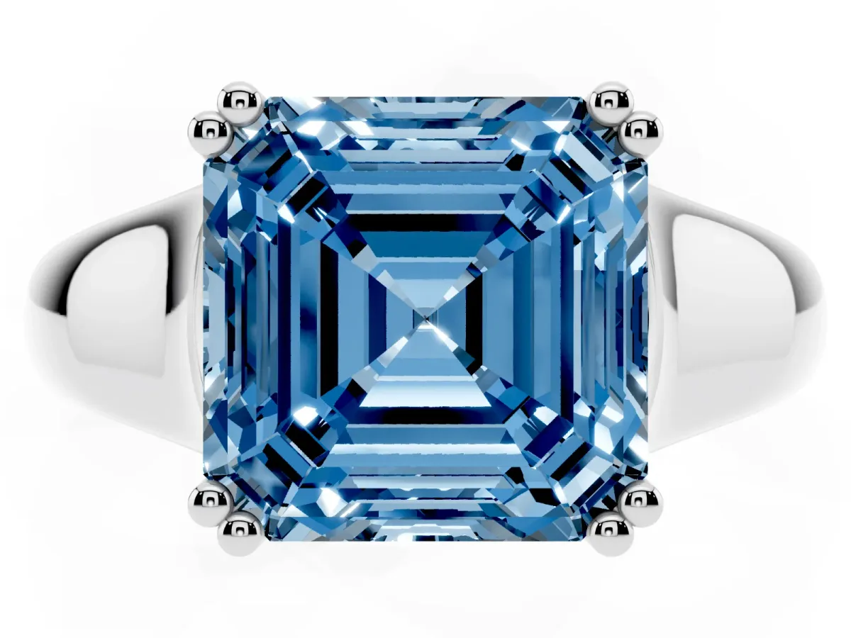 Fancy Blue Asscher Cut Diamond Solitaire Ring with Wide Band and Prong Setting Silver