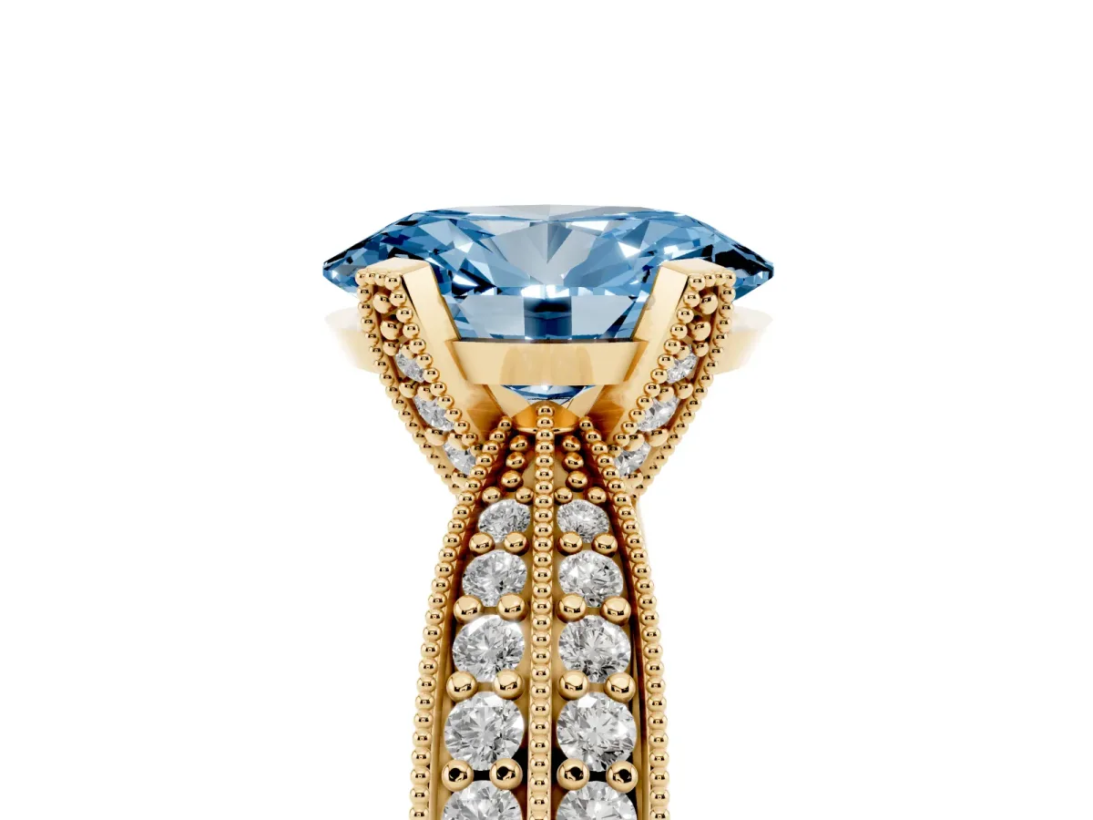 Fancy Blue Oval Cut Diamond Solitaire Ring with Milgrain Round Pavé Band and Prong Setting Yellow gold