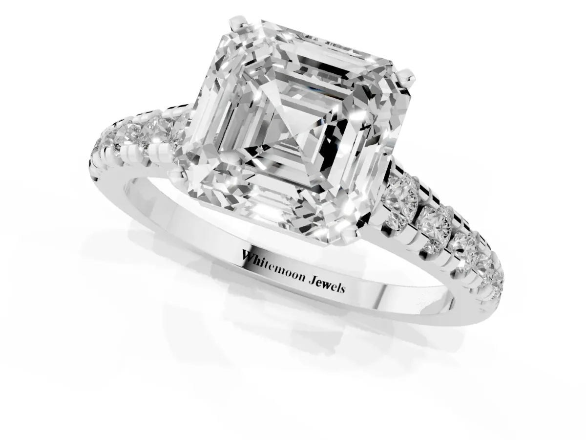 Asscher Cut Diamond Cathedral Solitaire Ring with Round Pavé Band Silver