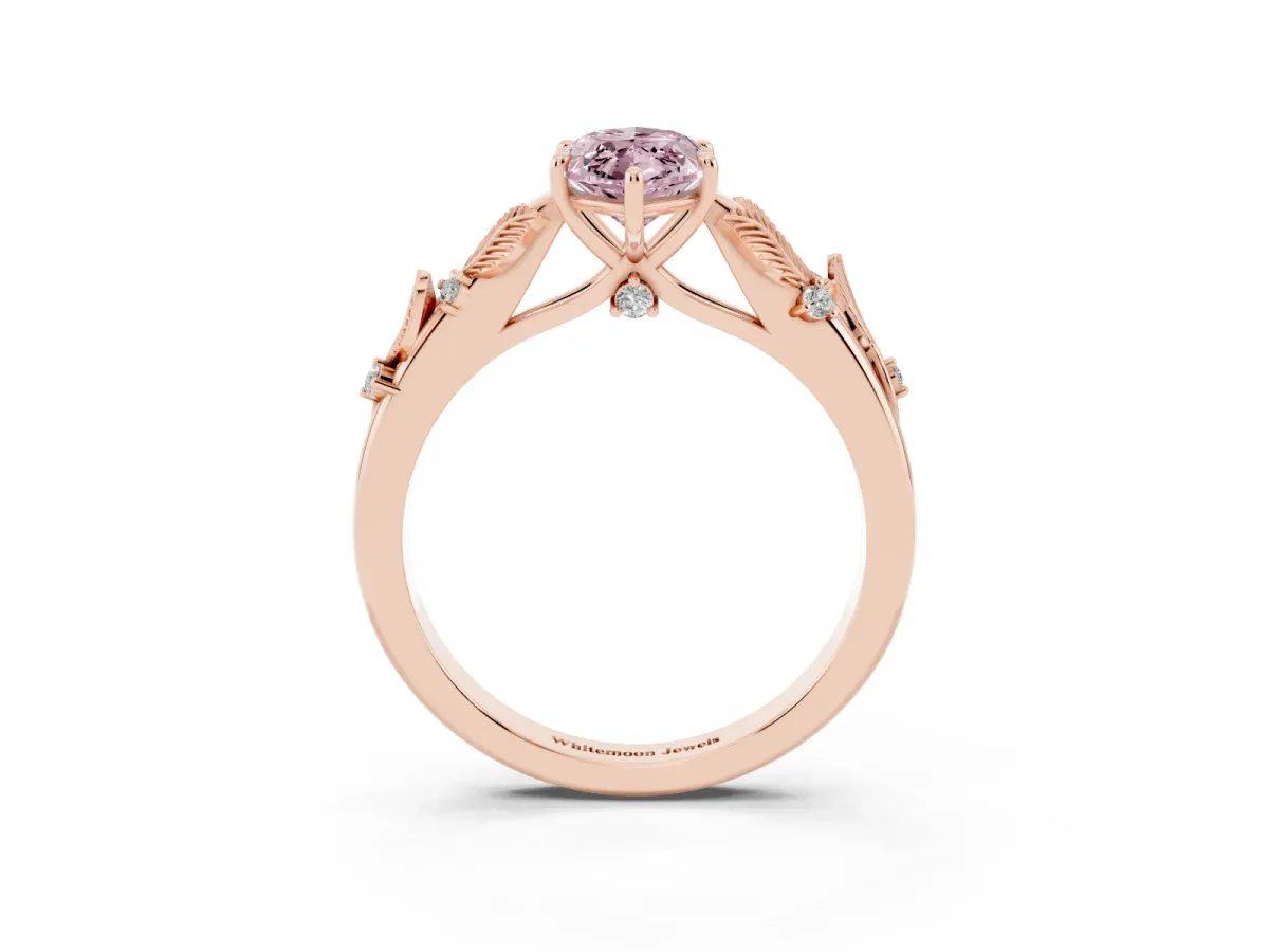 Fancy Pink Marquise Cut Diamond Solitaire Ring with Leaf Motif Band and Four-Prong Setting Rose gold