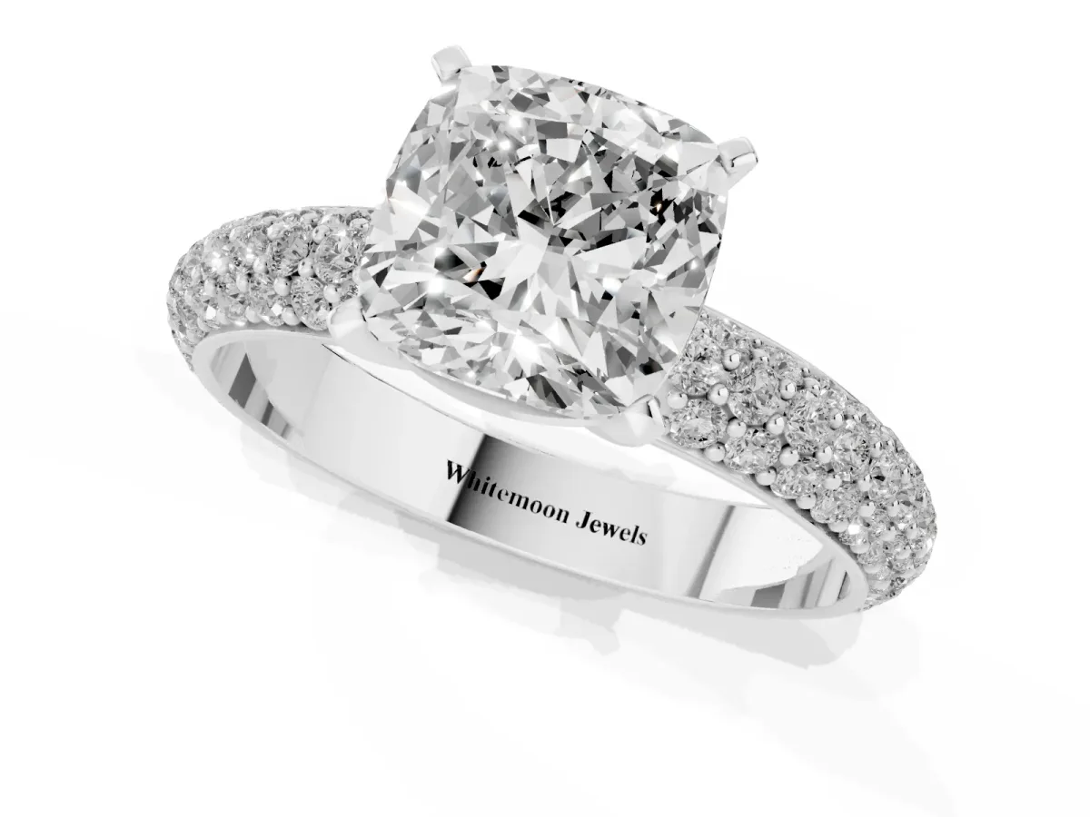 Cushion Cut Diamond Solitaire Ring with Prong Setting and Pavé Band Silver