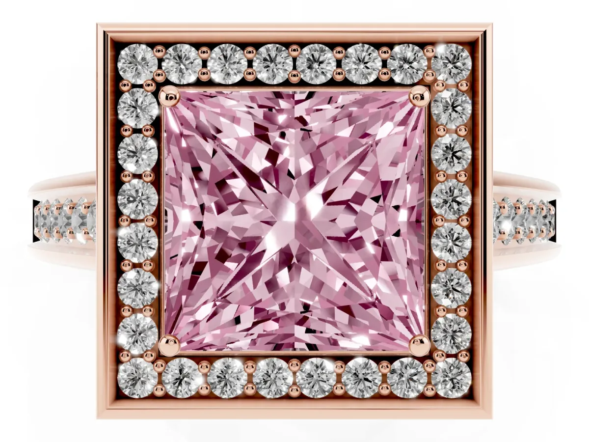 Fancy Pink Princess Cut Halo Solitaire Diamond Ring with Pave Band and Bezel Setting Rose gold