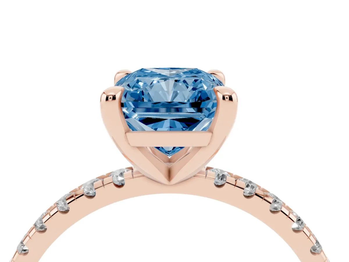 Fancy Blue Radiant Cut Diamond Brilliant Solitaire Ring with Pavé Band and Four-Prong Setting Rose gold