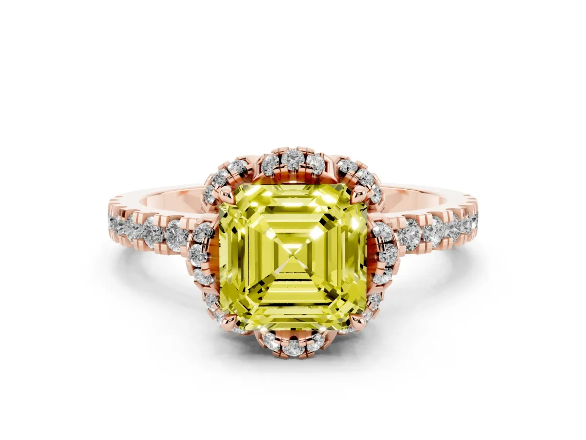 Fancy Yellow Asscher Cut Diamond Halo Pave Band with Four-Prong Setting Rose gold