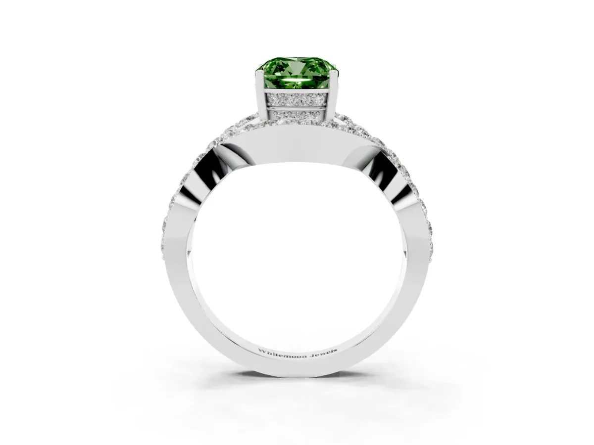 Fancy Green Cushion Cut Solitaire Twist Band Pavé Diamond Engagement Ring Silver